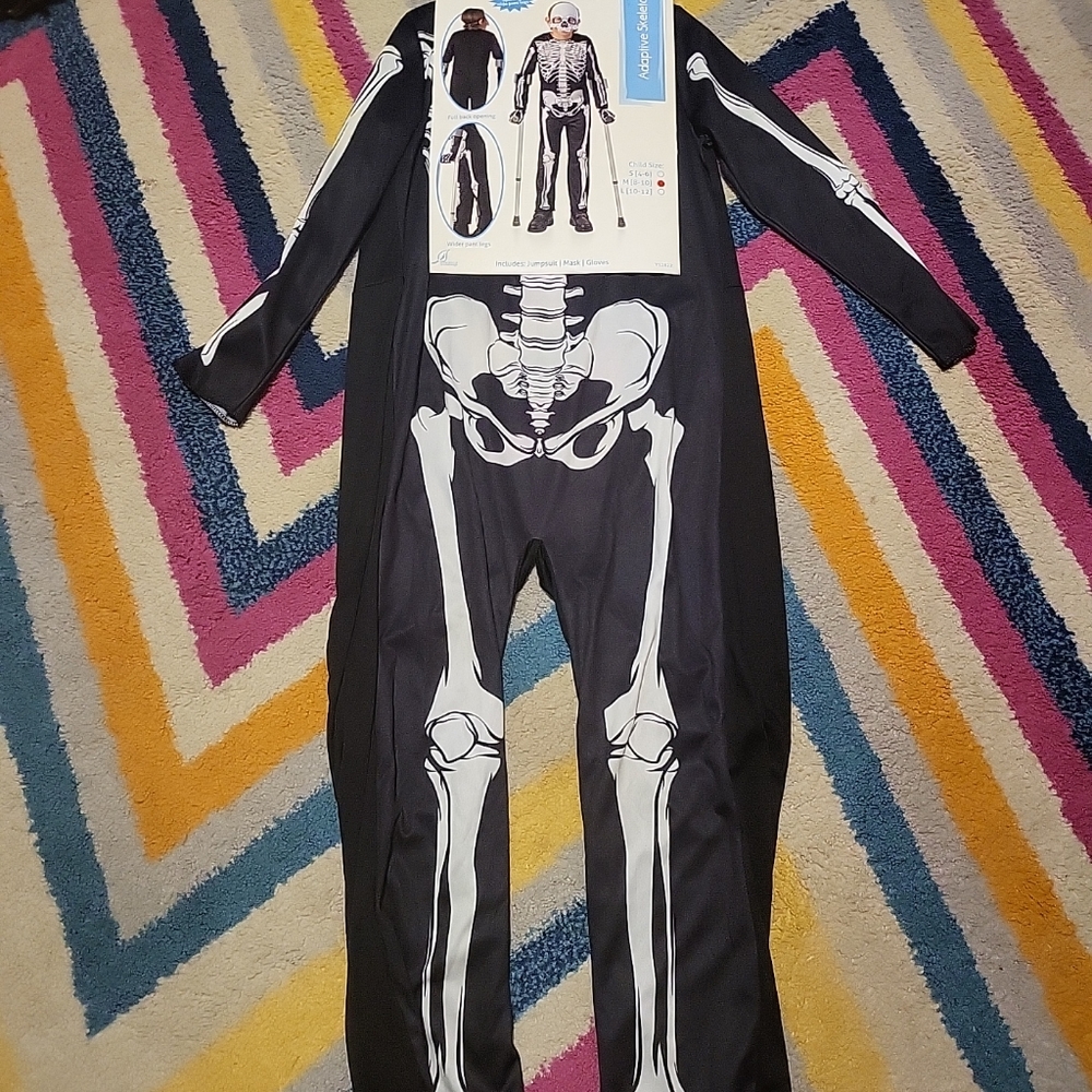 NWT Child Sz M(8-10) Adaptive Skeleton Halloween Costume Seasons Jumpsuit Mask++